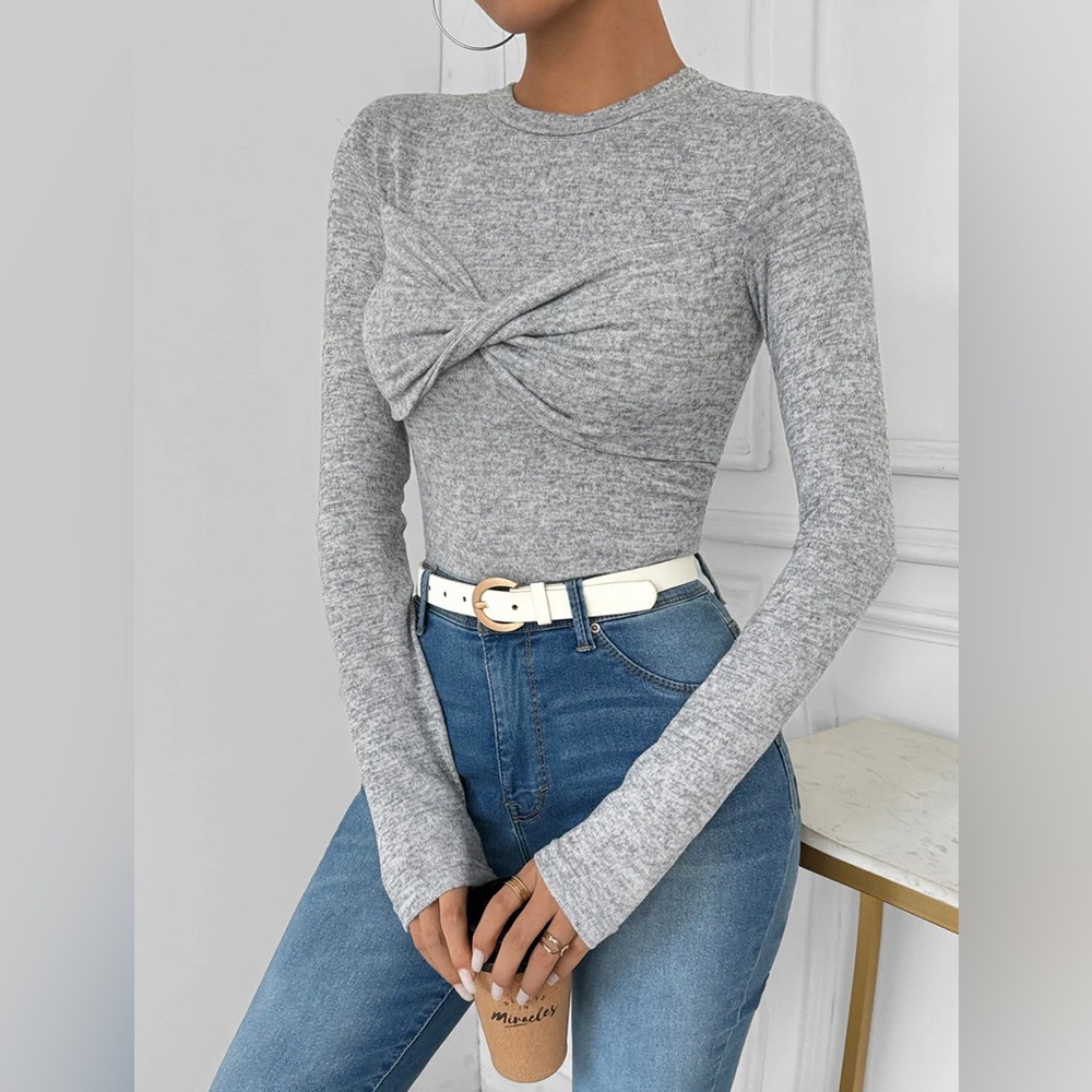 Commense Gray Long Sleeve Twist Front Top